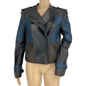 BCBG Max Azria Patchwork Color Block Leather Moto Jacket Black Blue Womens XS